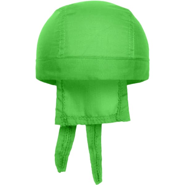 A green bandana hat with ties at the back, designed in a smooth fabric. Features a simple logo.