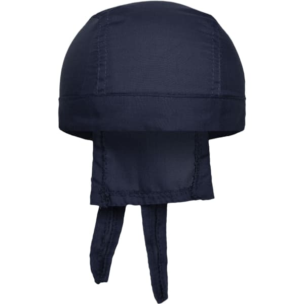 A navy blue bandana hat with a fitted design and two ties at the back. It includes a logo.