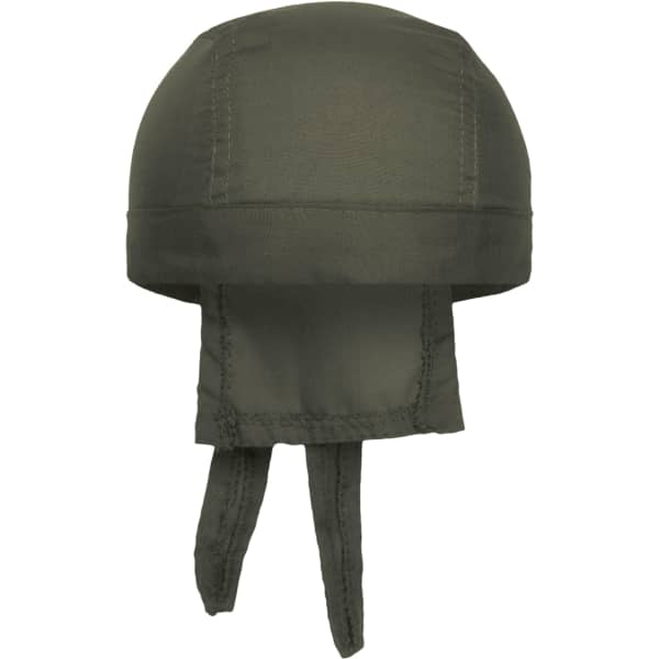 A bandana hat in olive green with ties at the back and a smooth, fitted design. Includes a logo.