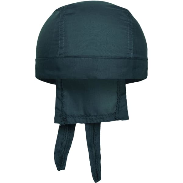 A dark green bandana hat featuring a rounded top and ties at the back. It has a simple design and a logo.