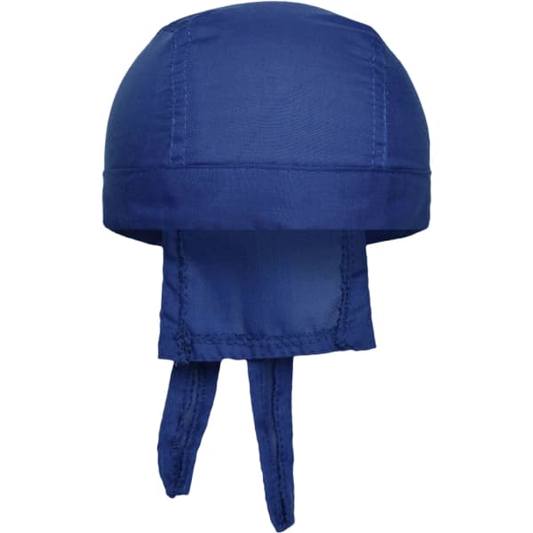 A blue bandana hat featuring a rounded top and straps at the back. It has a logo on one side.