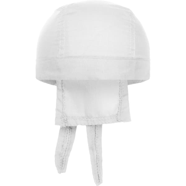 A white bandana hat with long ties at the back and a smooth fabric finish. It has a branding logo.