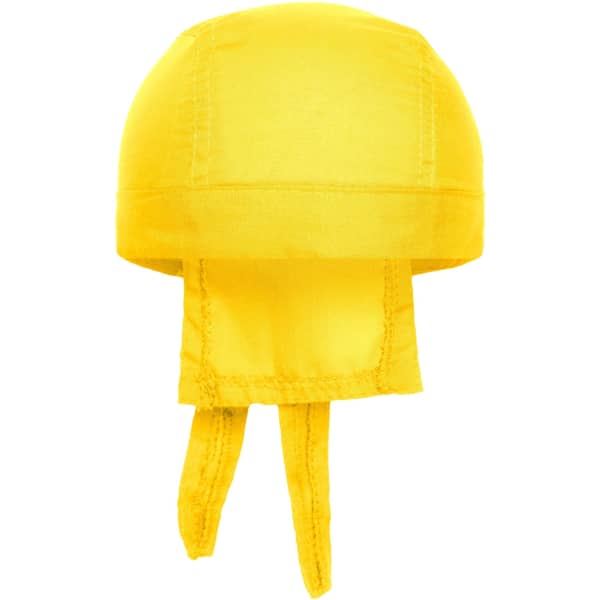 A yellow bandana hat with ties at the back and a smooth, structured design. It features a small logo on the side.