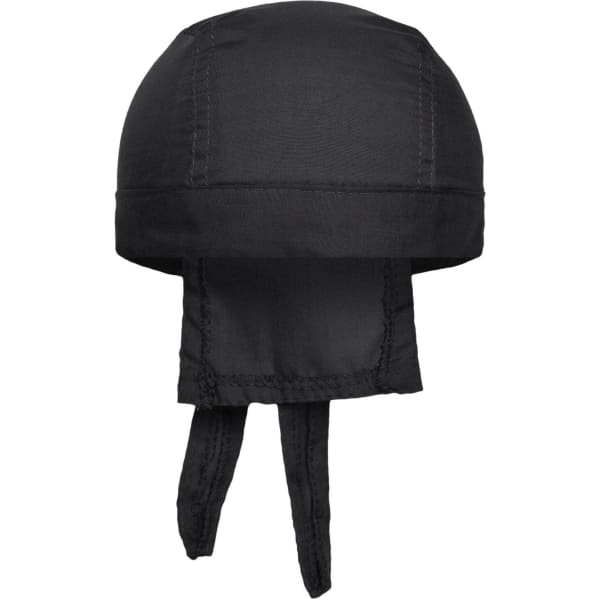 A black bandana hat with a smooth finish and ties at the back. It features a logo.