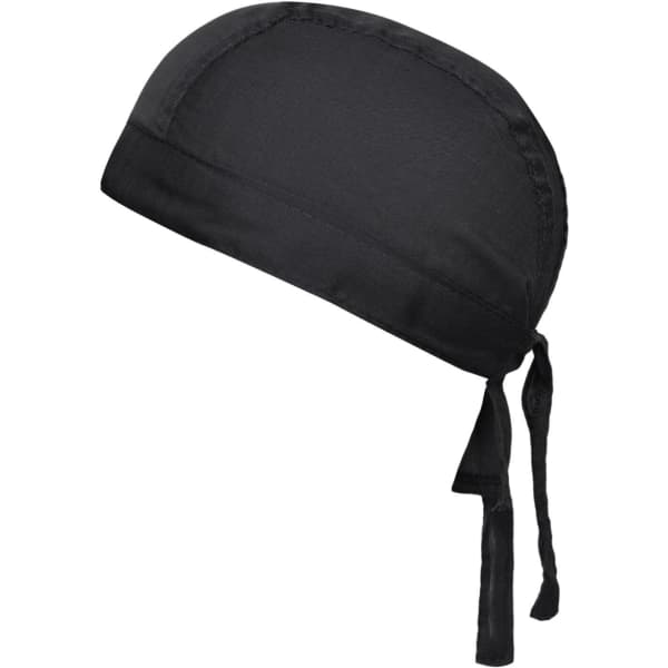 A black bandana hat with a tied back design and a smooth finish. It includes a brand logo.