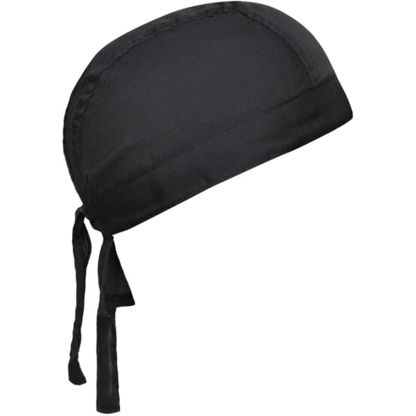 A black bandana hat with a tied design, featuring a smooth fabric and a contoured shape.