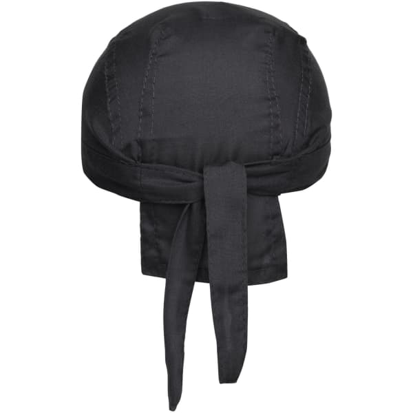 A black bandana hat with a tied back and stitched detailing, featuring a logo on the design.
