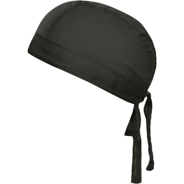 A black bandana hat with a tied back design, featuring a smooth fabric and subtle logo.