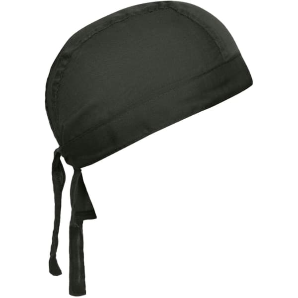 A black bandana hat with ties at the back, featuring a smooth, rounded design and a simple branding logo.