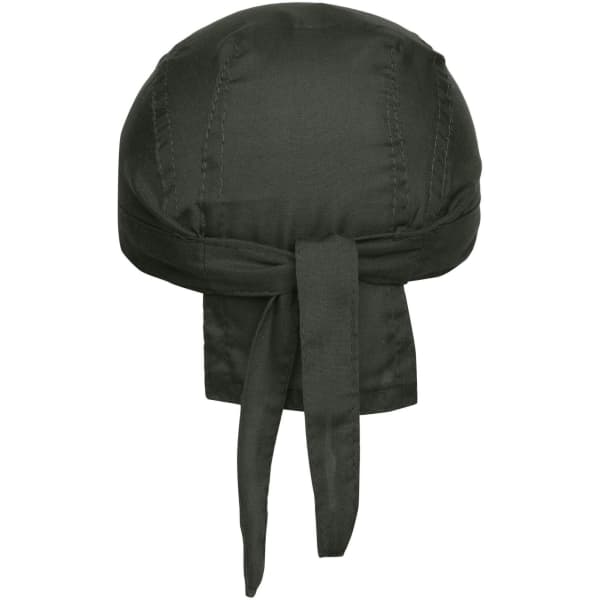 A dark green bandana hat with a tied back design, made from a smooth fabric. It features a logo on the side.
