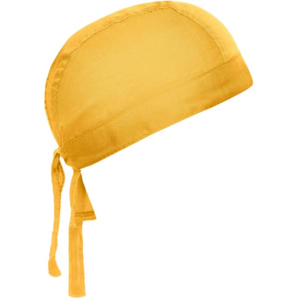 A yellow bandana hat with a tied back design and a fitted shape, featuring a logo.