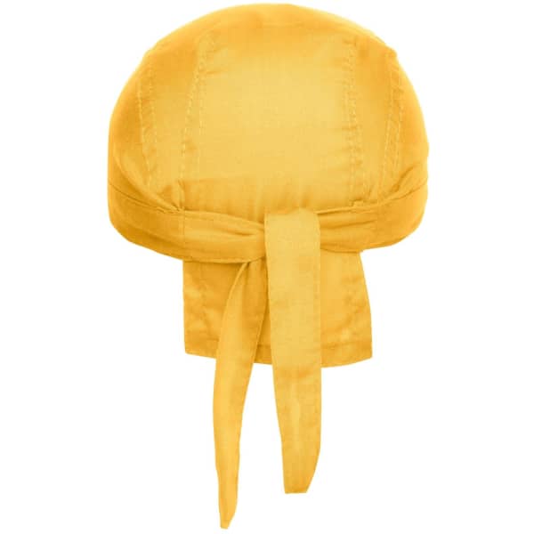 A yellow bandana hat with a tie at the back and a smooth texture. It features a logo on the side.