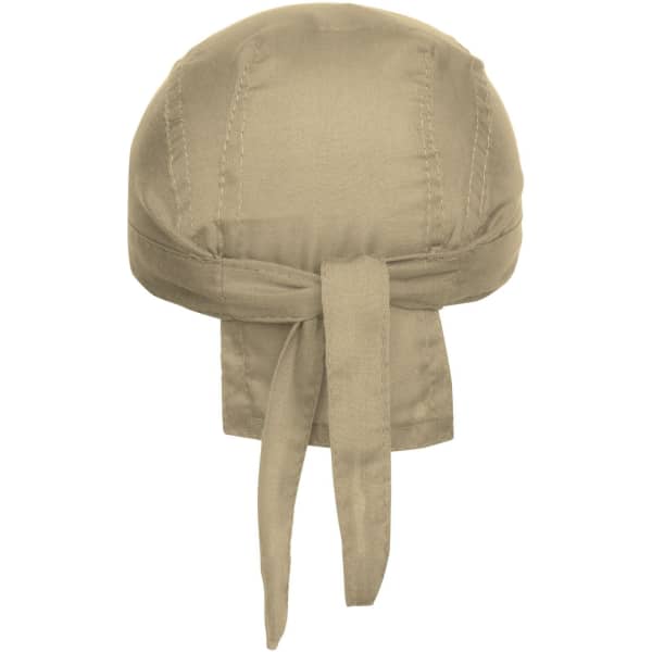 A beige bandana hat with a tied back design, showcasing smooth fabric and a simple branding logo.