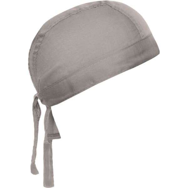 A bandana hat in grey fabric, featuring a rounded top and ties at the back. It has a simple design and branding.