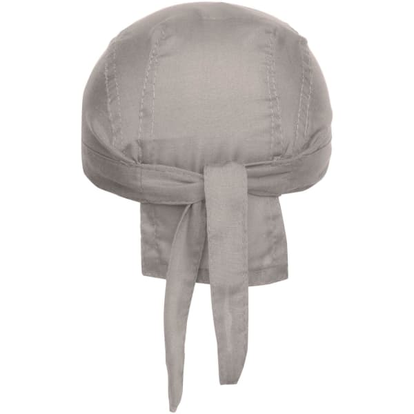 A grey bandana hat with a tied back design, featuring a smooth fabric and a branding logo.
