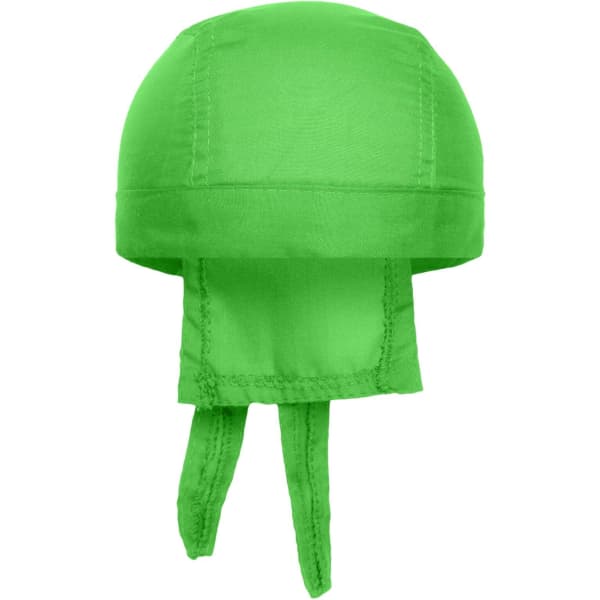 A bright green bandana hat featuring ties at the back and a simple design. It has a logo.