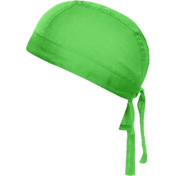 A bright green bandana hat with ties at the back, made from a smooth fabric, featuring a branding logo.