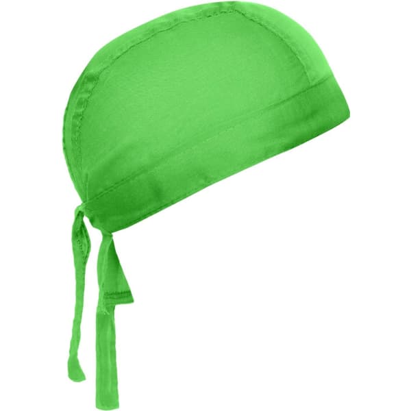 A bright green bandana hat with a tied back design, made from soft fabric. Features a branding logo.