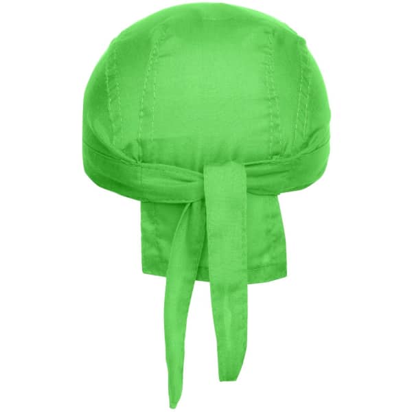 A green bandana hat with ties at the back and a rounded design, featuring a logo.