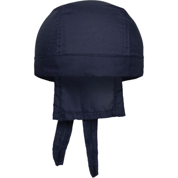 A navy blue bandana hat with a rounded top and ties at the back. It features a small logo on the side.