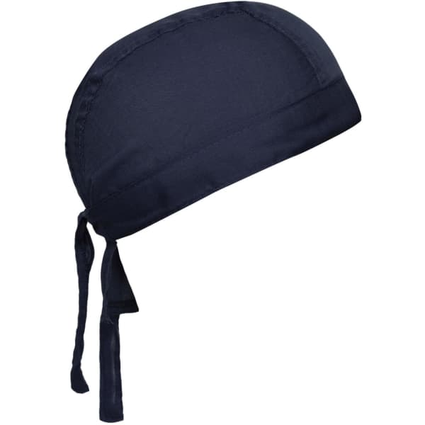 A navy bandana hat with ties at the back and a smooth fabric finish. It features a logo on one side.