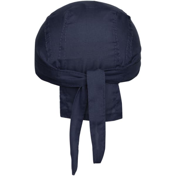 A navy blue bandana hat with a tied tail and structured design, featuring a logo.