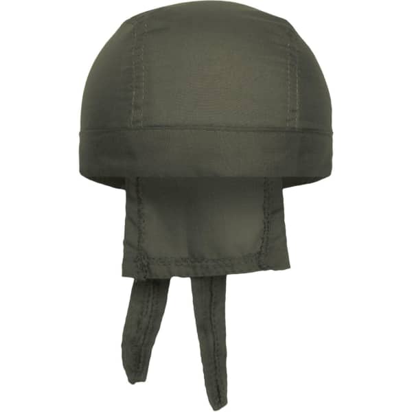 An olive green bandana hat with a rounded top and ties at the back, featuring a logo.