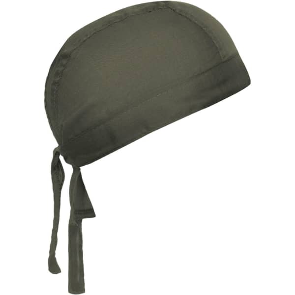 An olive green bandana hat with a tie closure at the back and a smooth fabric texture.