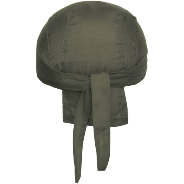 A dark green bandana hat with a tied-back design and stitched detailing. It features a logo.