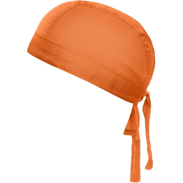 An orange bandana hat with a tied back design, featuring a smooth fabric and a subtle branding logo.