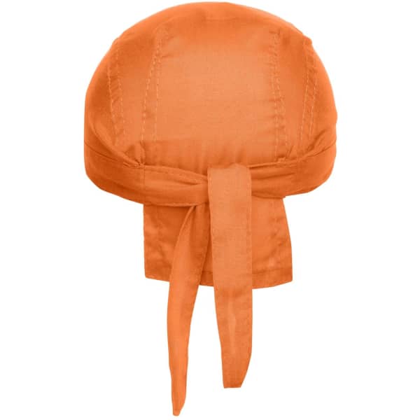 An orange bandana hat with a tied back design and a smooth finish, featuring a logo.