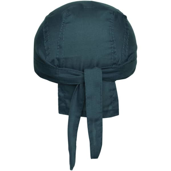 A green bandana hat with a tie at the back, featuring stitched detailing and a smooth fabric finish.