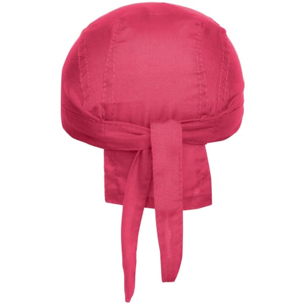 A vibrant pink bandana hat with a tied back. It features a simple design and has branding visible.