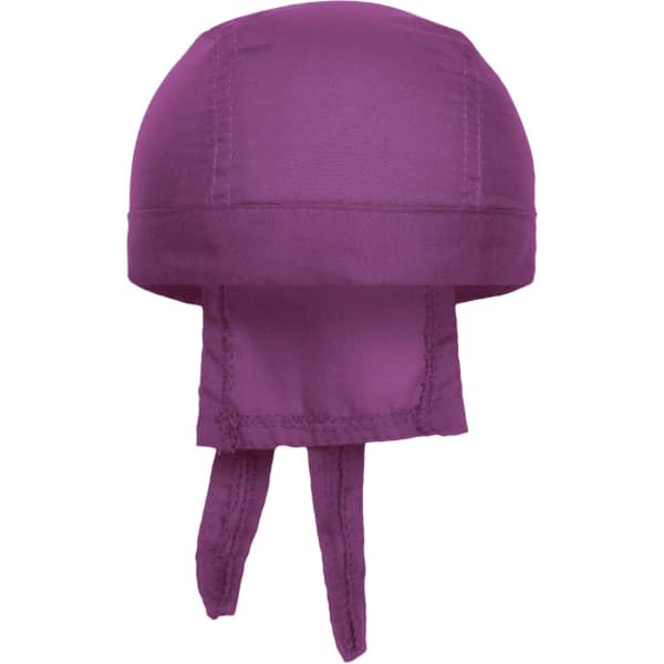 A purple Bandana Hat featuring a rounded top and two ties at the back, with a branding logo.
