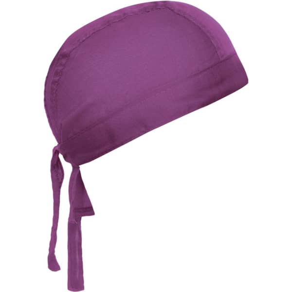A purple bandana hat with ties at the back and a smooth, fitted design. It features a branding logo.
