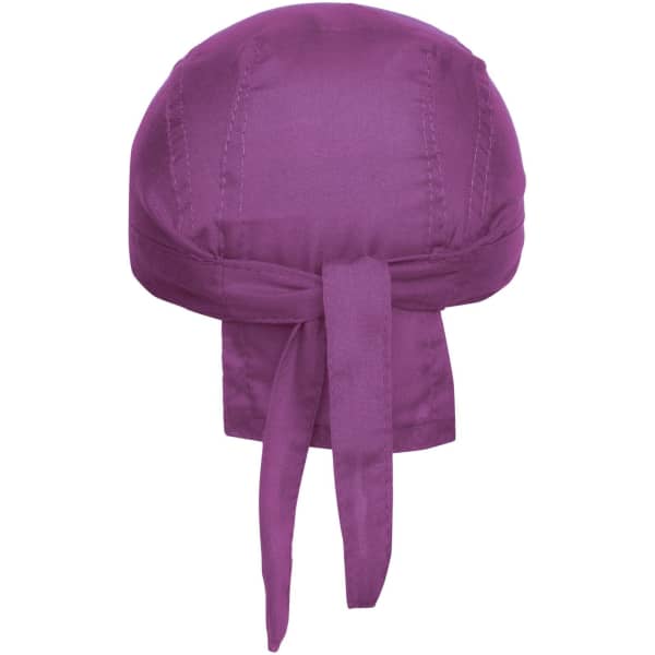 A purple bandana hat with ties at the back, featuring a smooth fabric and a rounded top design.