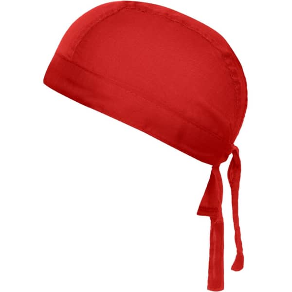 A red bandana hat with a tie at the back, featuring a smooth fabric and a simple design.