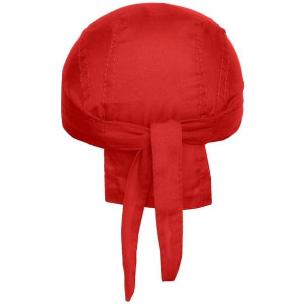 A red Bandana Hat featuring a tied back design and a simple logo. Ideal for headwear.