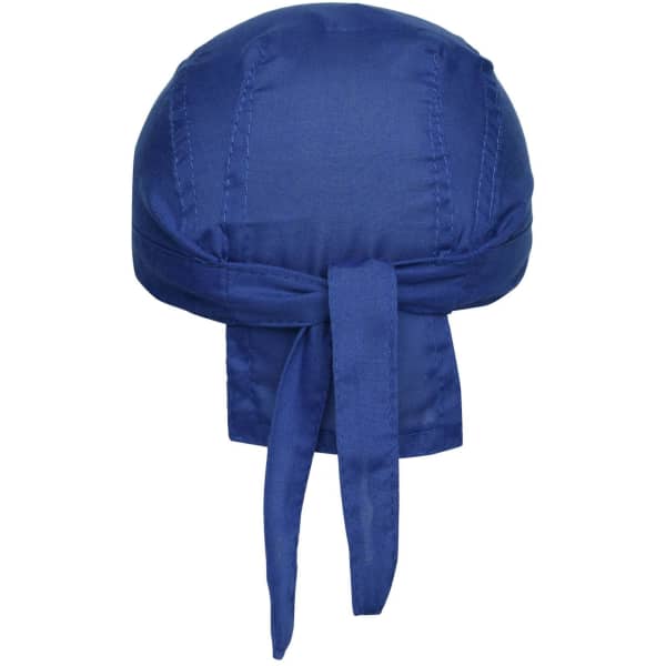 A blue Bandana Hat made of smooth fabric with a tie at the back and a rounded top. Features a logo.