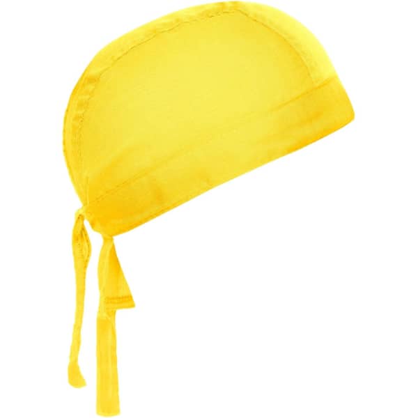 A yellow bandana hat with ties at the back and a smooth, light fabric. It features a logo.