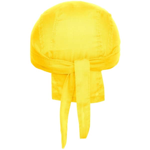 A yellow Bandana Hat with ties at the back and a smooth, sleek design. It features a logo.