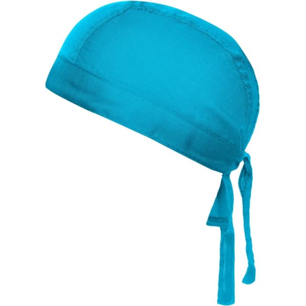A bright turquoise bandana hat with a tie at the back and a smooth fabric texture. It has a logo on the side.