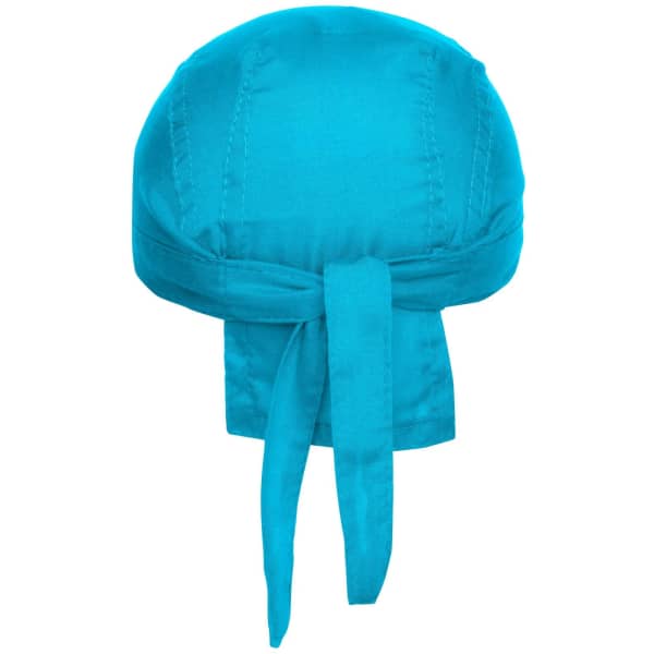 A bandana hat in bright turquoise, featuring ties at the back and a smooth fabric design. It has a logo on it.