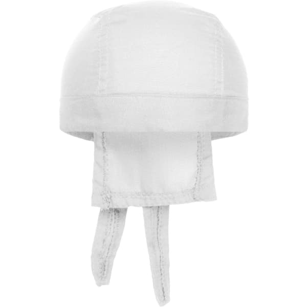 A white bandana hat with ties at the back, designed for headwear. It features a simple, functional design.