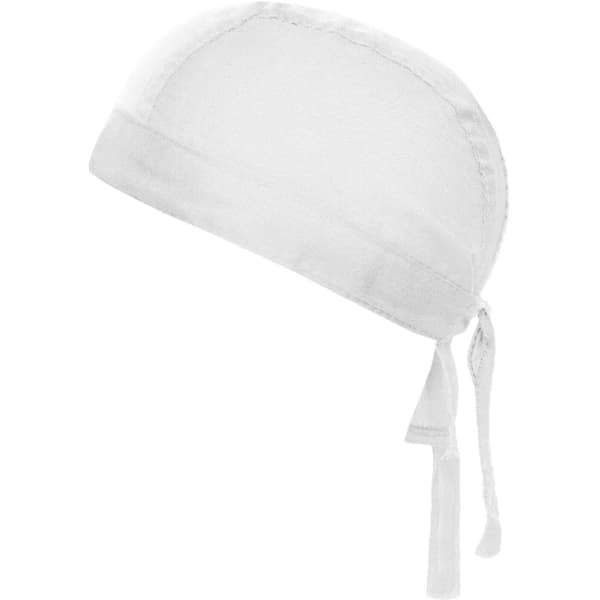 A white bandana hat with a tied back design, made from lightweight fabric. It has one logo on the side.