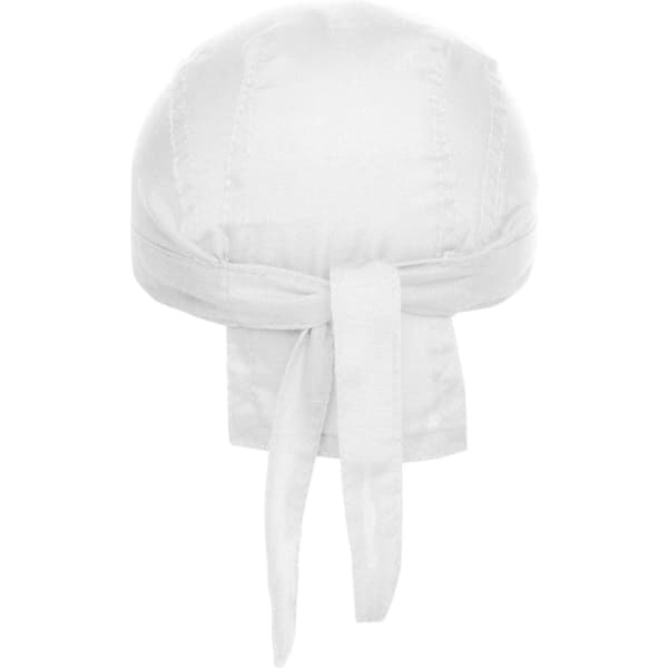A white bandana hat with a tied back design, featuring a branded logo.