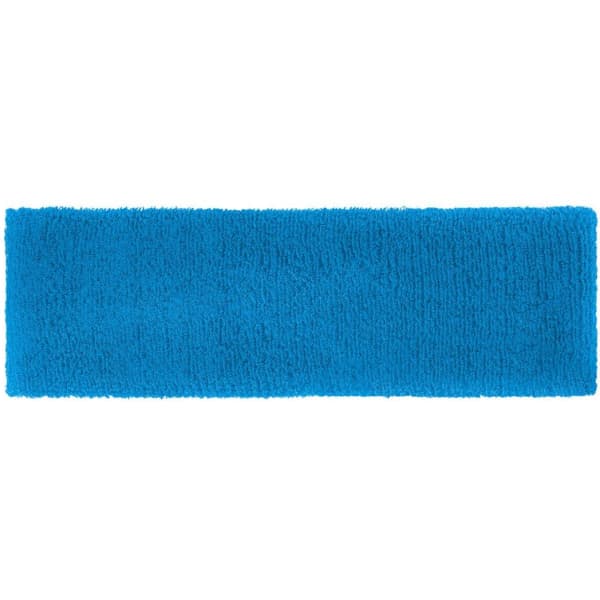 A bright blue Terry Headband, featuring a soft, textured surface and rectangular shape. It has a logo on one side.