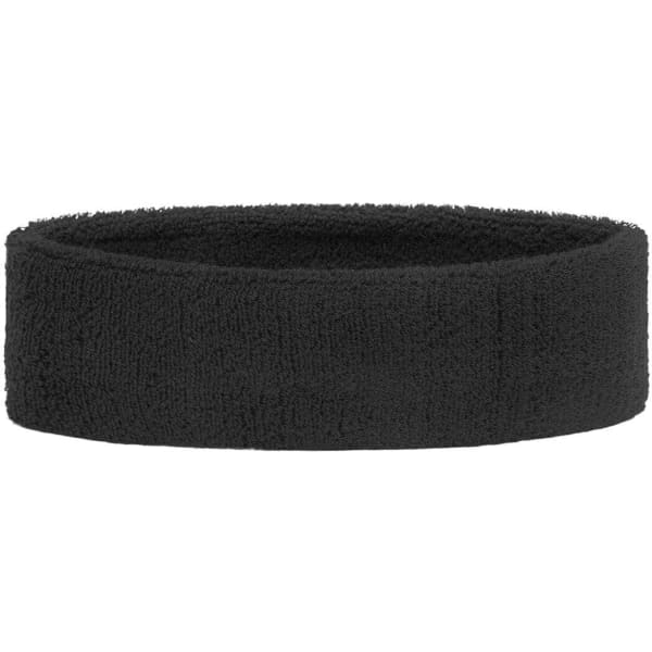A black Terry headband made of soft, absorbent material, featuring a simple design and a logo.