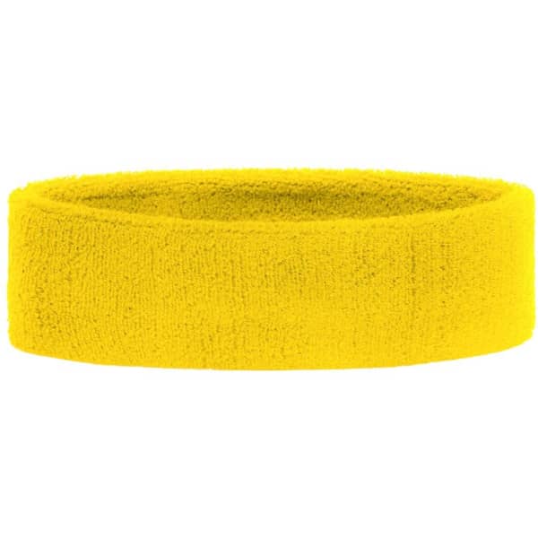 A bright yellow terry headband with a soft texture, featuring a logo. Ideal for headwear needs.