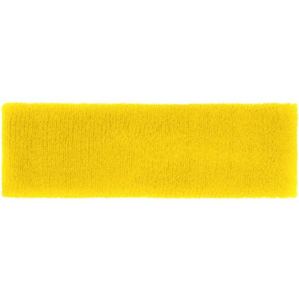 A bright yellow Terry headband, featuring a soft, textured fabric and a logo.